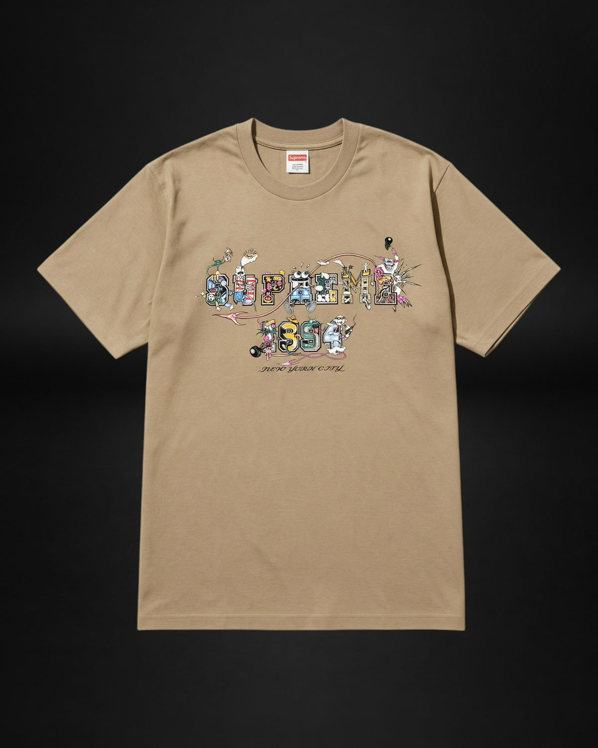 Camiseta Saint Krew de algodón beige con estampado gráfico colorido de Supreme y letras de New York City