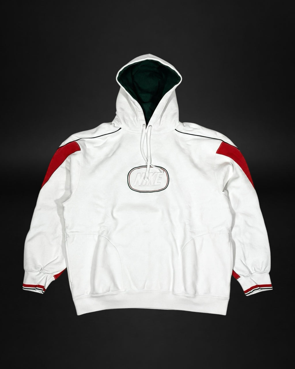 Sudadera con capucha Saint Krew Nike blanca con paneles rojos en mangas, forro verde oscuro y logo bordado central