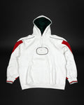 Sudadera con capucha Saint Krew Nike blanca con paneles rojos en mangas, forro verde oscuro y logo bordado central