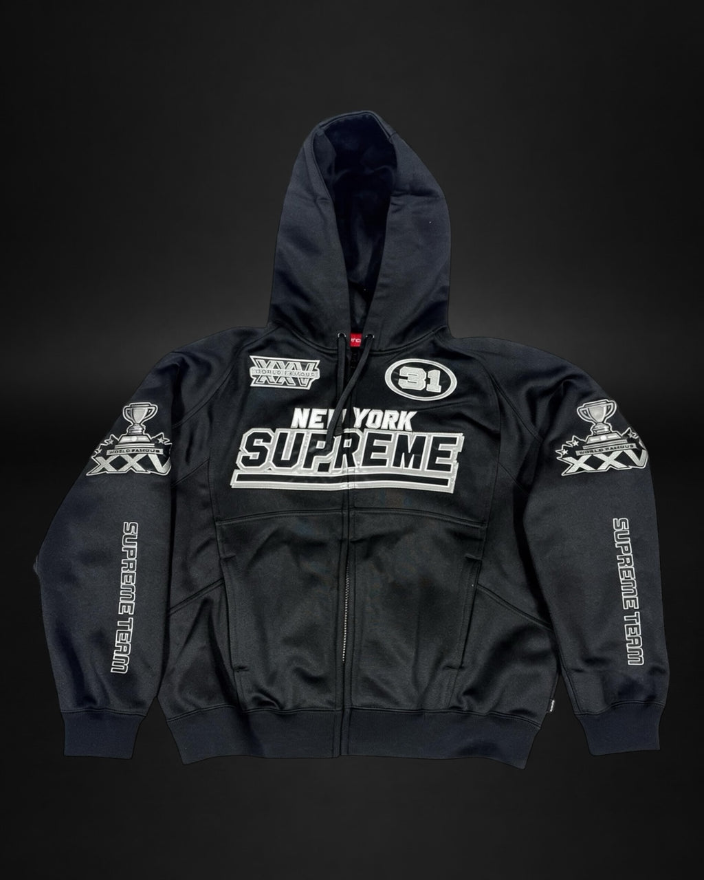 Sudadera Saint Krew Supreme negra con cremallera, capucha y gráficos de carreras bordados en blanco y gris