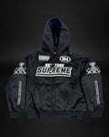 Sudadera Saint Krew Supreme negra con cremallera, capucha y gráficos de carreras bordados en blanco y gris